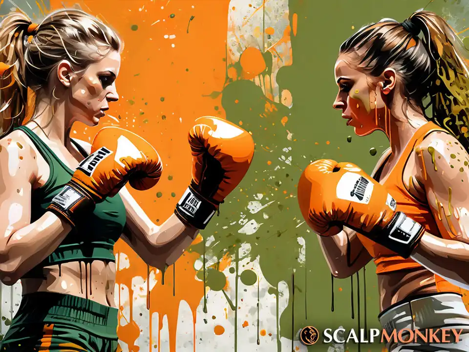 abstract painting of two women boxing
