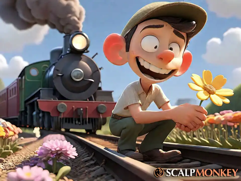 cartoon man with flower and train