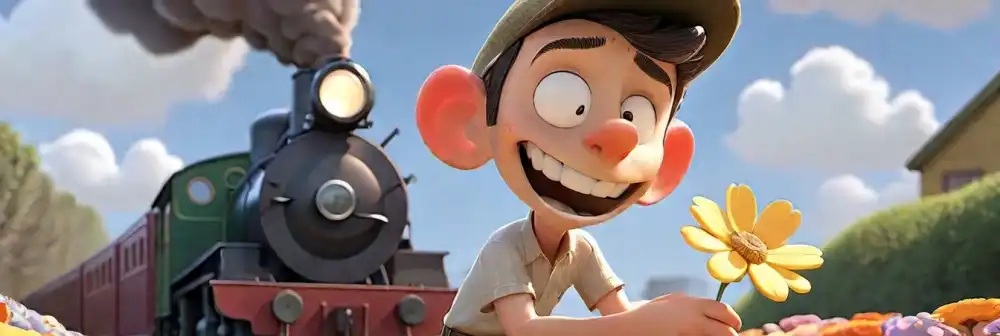 cartoon man with flower and train